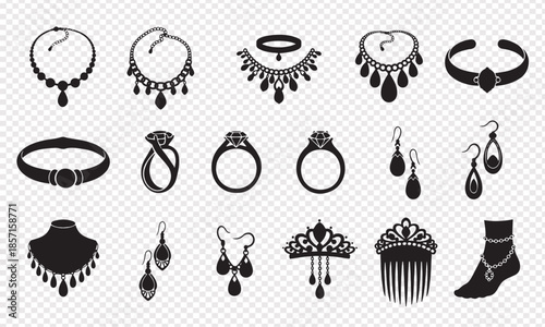 Collection of elegant jewelry and accessories icons in monochrome style