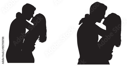 Passionate couple kissing silhouettes set, two dark figures showing affection and love