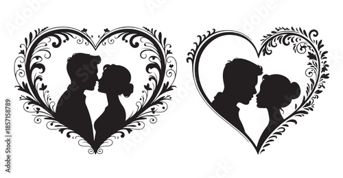 Romantic heart shaped frames with couple kissing silhouettes love and floral decor