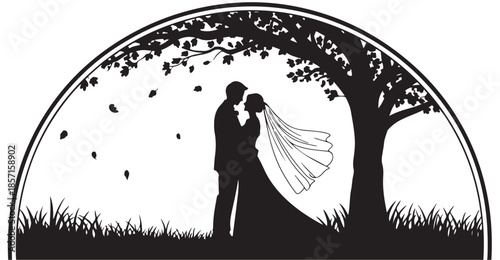 Bridal couple silhouette framed in semicircle arch with tree and grass decorative elements