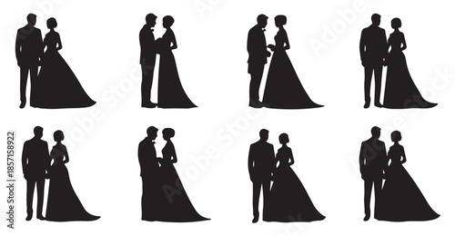 Diverse wedding couple silhouettes collection featuring bride and groom in various standing poses