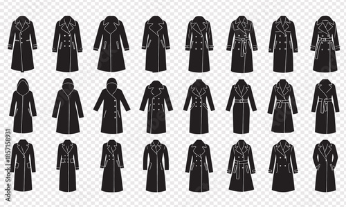 Collection of various stylish trench coat and raincoat silhouettes isolated
