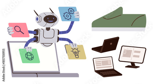 Robot leveraging multiple arms to manage files on laptop, monitors, and devices. Ideal for automation, multitasking, AI technology, innovation, productivity data management and seamless workflow. A