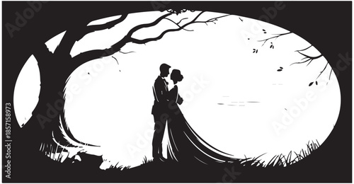 Wedding couple standing under tree showing romantic love for nature landscape silhouette