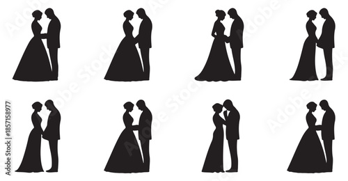 Wedding couple bride and groom standing together in various poses showing love silhouette