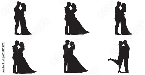 Wedding couple silhouettes collection showing bride and groom in romantic embrace and kissing