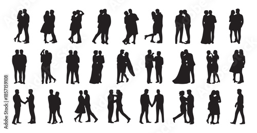 Large group of people silhouettes in various poses representing diversity and social activity