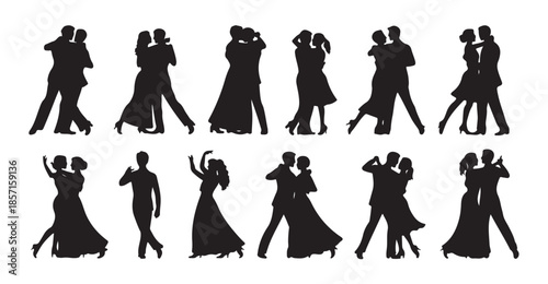 Elegant ballroom dancers silhouette set with couples performing waltz and tango movements art