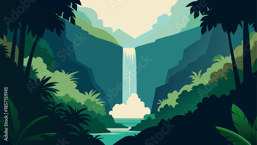 Serene waterfall in lush jungle