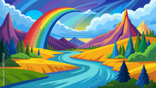 Vibrant rainbow over mountain valley