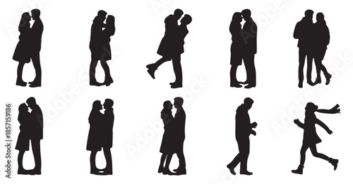 Ten black silhouettes of couples and individuals in various romantic and casual poses