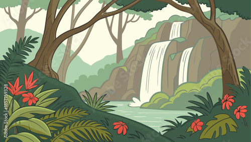 Serene waterfall in lush jungle