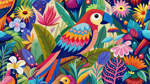 Vibrant tropical parrot in lush floral surroundings