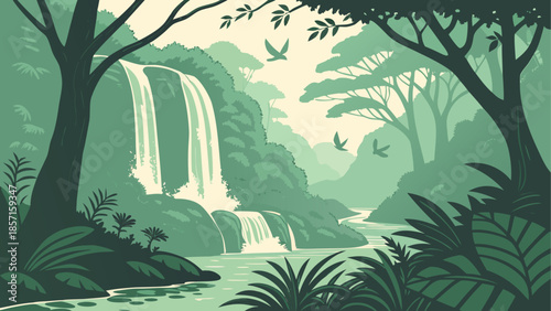 Serene jungle waterfall