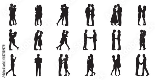 Collection of couple silhouettes in various romantic poses vector art
