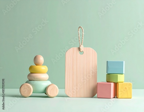 Pastel-colored wooden toys and a blank tag on a mint green background
