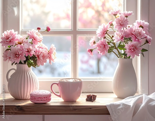 Pink flowers in vases on a windowsill with coffee and a macaron