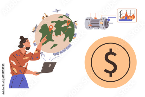 Person using laptop to analyze global logistics, eco-processes, energy systems, and cost tracking. Ideal for finance, sustainability, logistics, data management, efficiency analysis planning