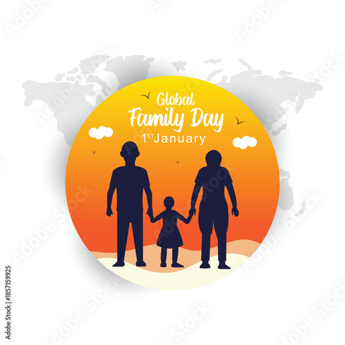 Global Family Day background family of three standing together on a line against a sunset