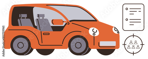 Orange car icon with passenger seats, navigation document, and target group symbol. Ideal for ride-sharing, autonomous vehicles, transportation, navigation, tracking, carpooling and modern mobility