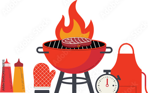 Red barbecue grill with fire flame cooking steak on rack plus oven mitt apron timer and sauce bottles on white,