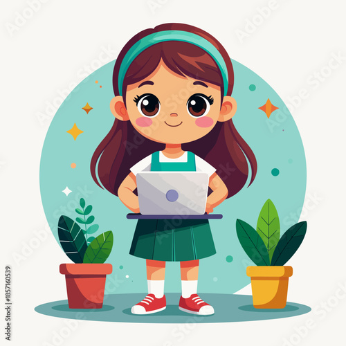 A cheerful cartoon girl with brown hair and a teal headband holds a silver laptop, flanked by potted plants in a bright, illustrative style.