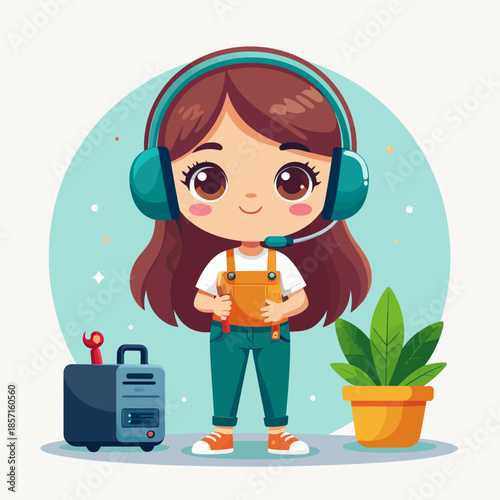 Cute cartoon girl with headphones and tools, representing IT support or tech repair.