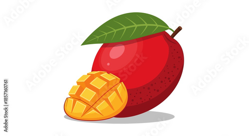 illustration of a ripe mango with a leaf and a sliced piece showing golden flesh