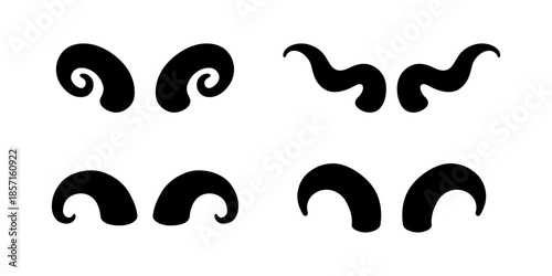 Set of curved animal horns. Decorative vector bull or ram horn shapes for tribal, fantasy, and design elements