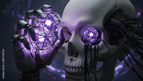 Futuristic Cybernetic Skull with Glowing Eyes and Robotic Hand Holding an Energetic Cosmic Orb
