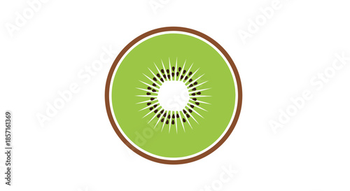 Stylized Cross-Section of a Kiwi Fruit with Green Flesh and Black Seeds on White Background