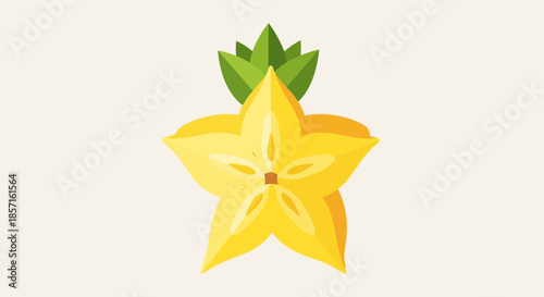 Stylized tropical starfruit illustration with green leaves for healthy food branding