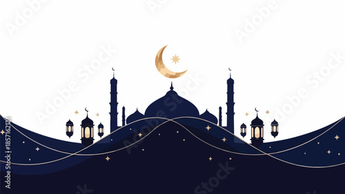 Silhouette of a mosque with minarets and crescent moon on a night sky background with stars and lanterns.