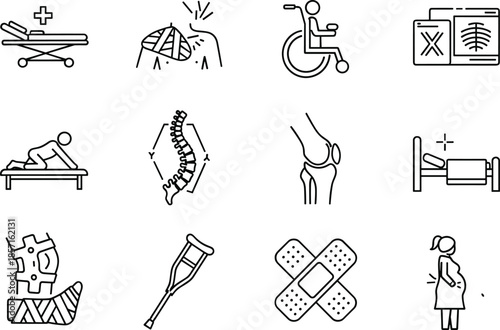 Medical healthcare vector icons, hospital stretcher, wheelchair, x-ray bones, physical therapy, spine angles, knee joint, crutch, bandage, pregnancy illustration, rehabilitation