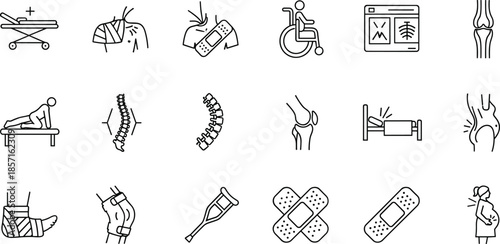 Medical injury icons, orthopedic treatment, rehabilitation therapy, hospital stretcher, bandaged joints, crutches, spine care, physical therapy, healthcare recovery, vector 