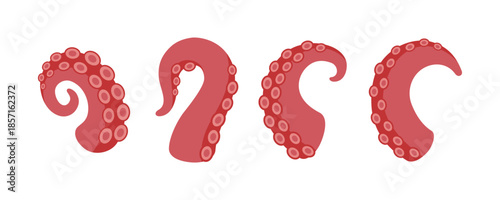 Octopus tentacles set with suction cups. Curved squid arms for underwater, nautical, fantasy and sea monster themes