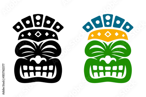 Happy tiki mask with ornamental crown in black and color versions. Polynesian style vector design for festival posters, cultural decor and tattoo art