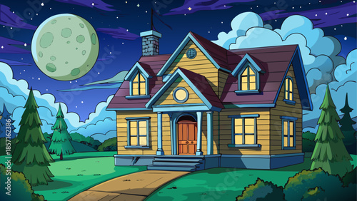 Cozy cottage under the moonlight