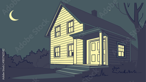 Cozy house under moonlit night
