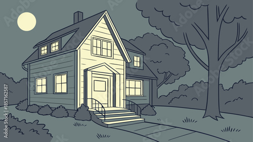 Cozy cottage under moonlight