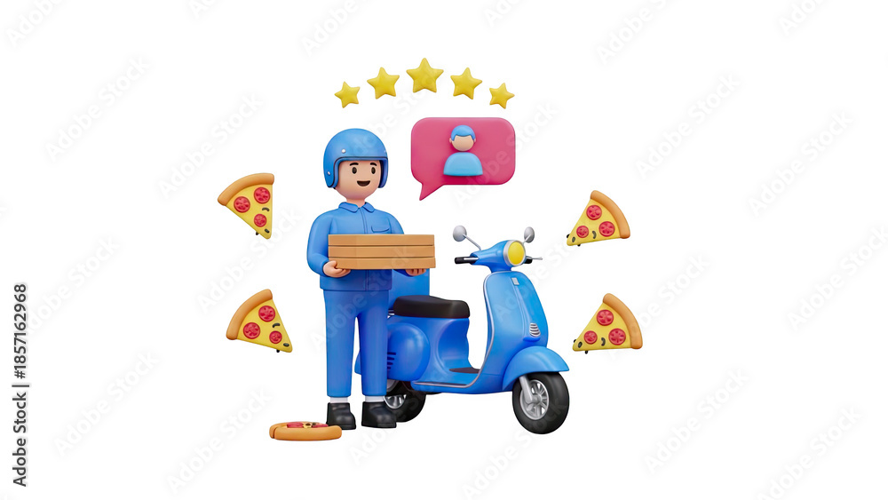 Obraz premium 3D Pizza Delivery Guy with Scooter and Rating Stars on transparent background
