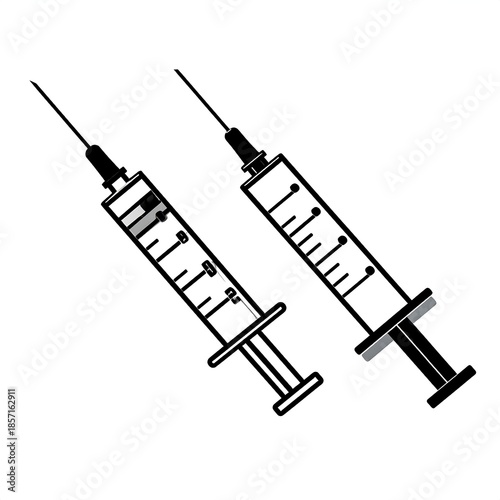 Two medical syringes, angled, black and white outline
