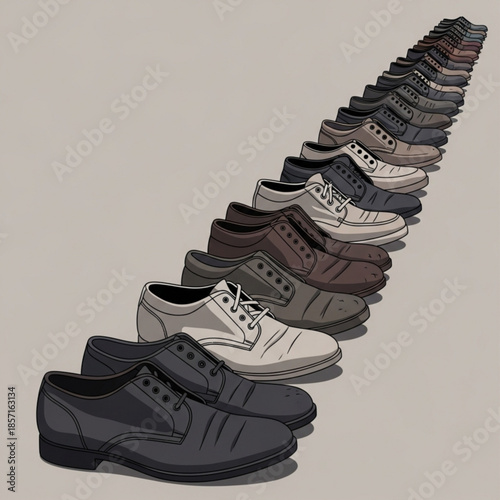 Collection of mens dress shoes in various colors lined up in perspective for fashion or retail concepts isolated on neutral background