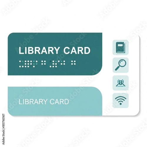 Library card with braille and icons for book search building and Wi-Fi modern design for accessibility and information access