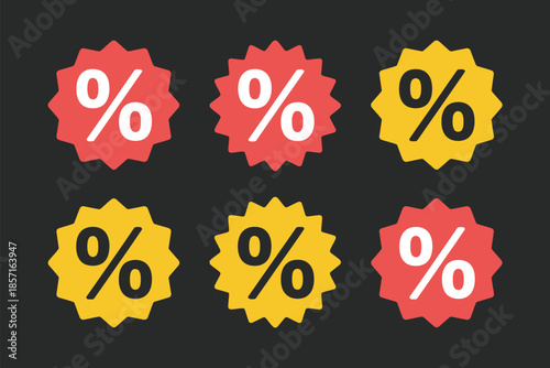A collection of six brightly colored percentage sale tags are displayed against a dark background.