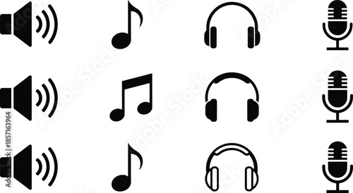 Speaker icon emitting sound waves, musical note variations, headphones collection, microphone symbols, audio production elements, music technology illustration, vector design for stock platforms