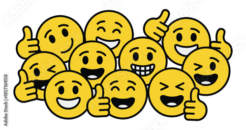 A group of happy yellow smiley faces with thumbs up gestures signifies approval and positivity.