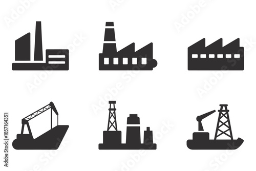 A collection of industrial building and transportation icons are depicted in silhouette.