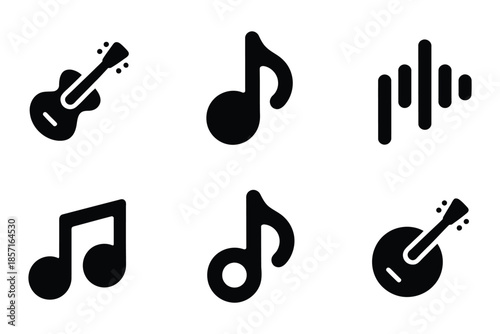Collection of six black musical notes and instruments icons on a white background.