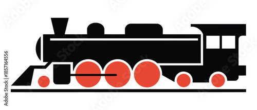 A stylized silhouette of a vintage steam locomotive with red wheels on a white background.